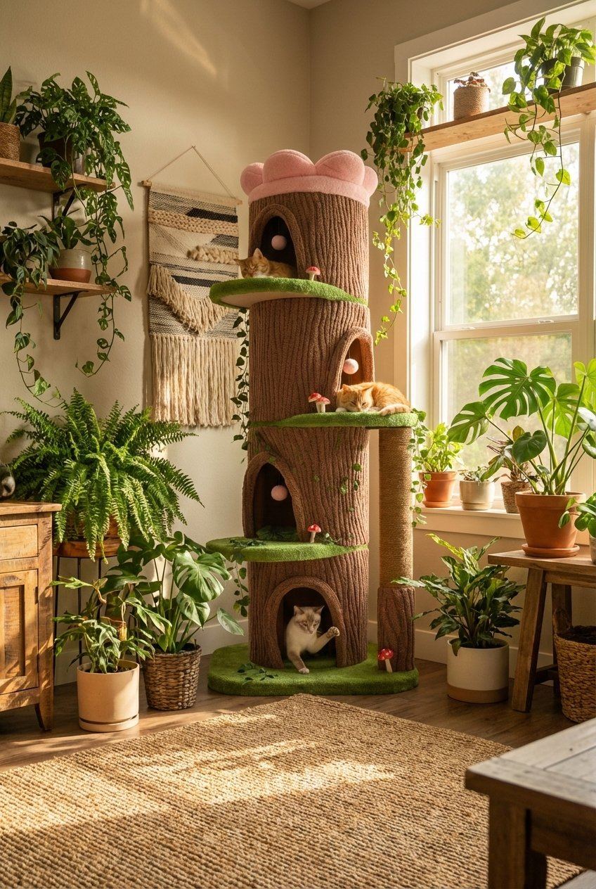 Tree stump cat tower with four condos mushroom details and two cats in sunny plant-filled room