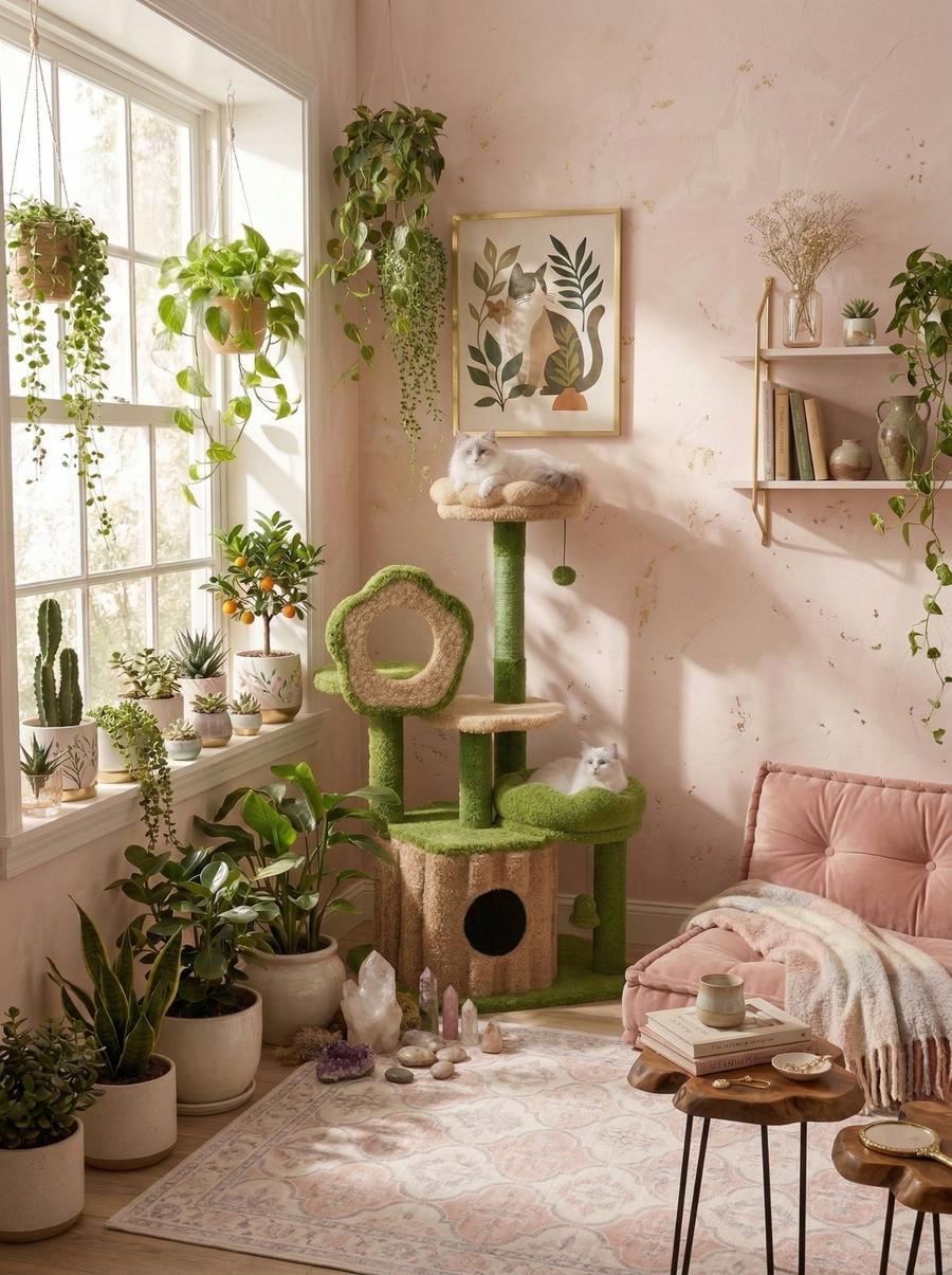 Pink botanical living room with flower-shaped cat tree and white fluffy cats
