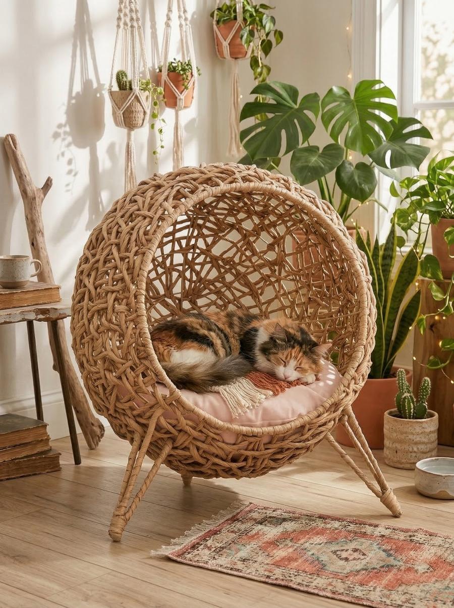 Calico cat sleeping in large rattan pod chair cat bed in boho room with macrame and monstera plants