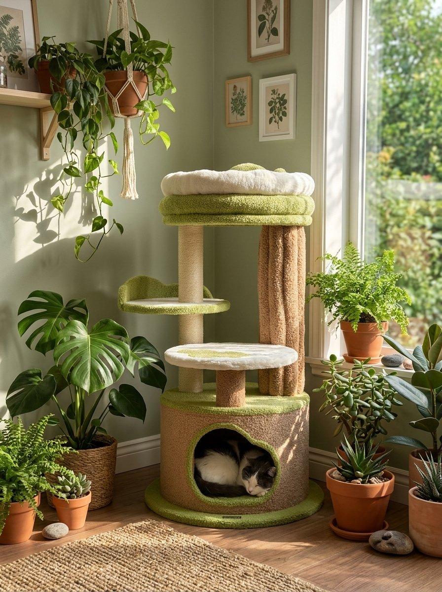 Black and white cat sleeping in sage green multi-level cat tower surrounded by monstera and succulents