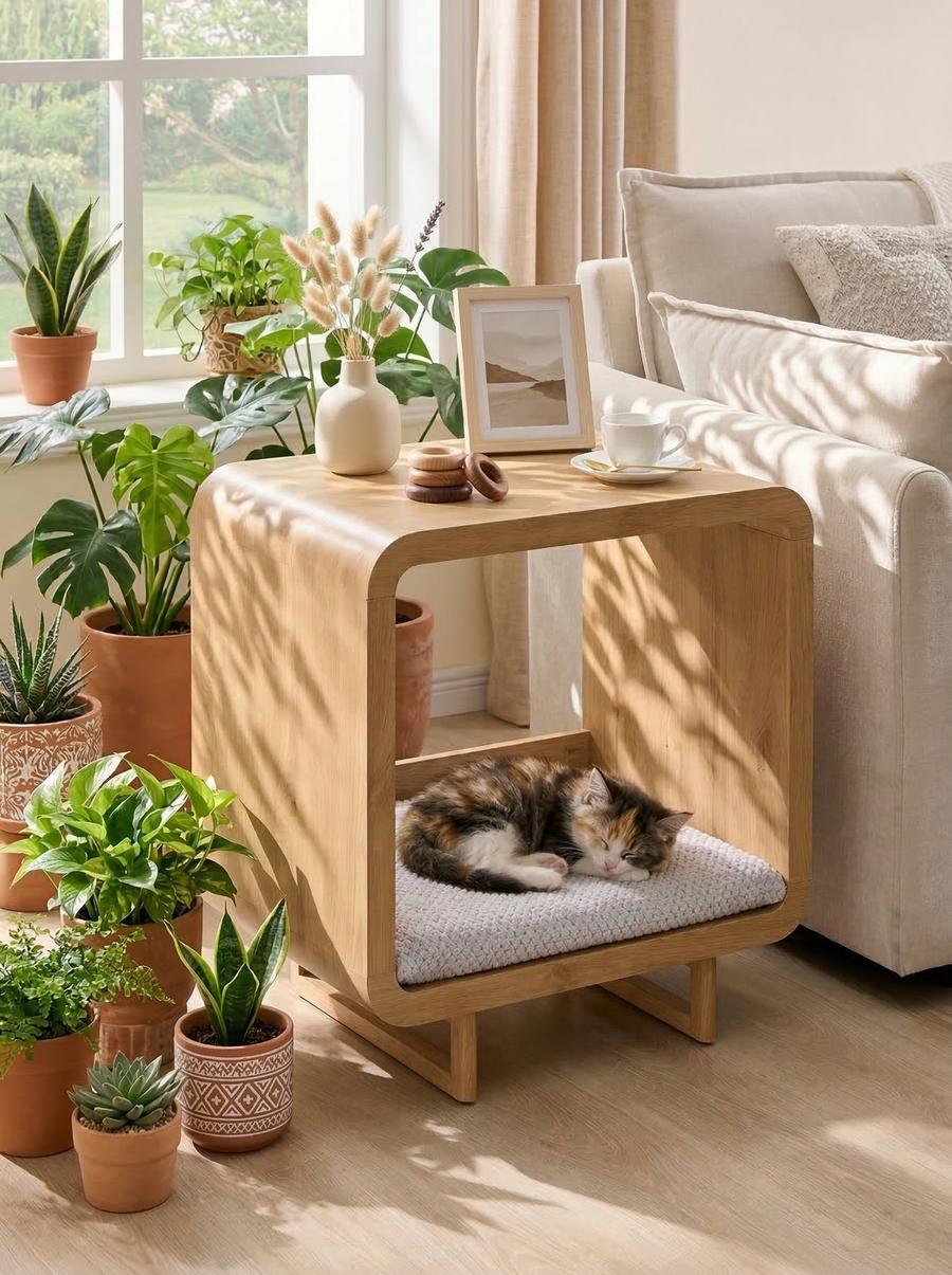 Calico cat sleeping in wooden cube side table cat house next to cream sofa with plants and warm sunlight