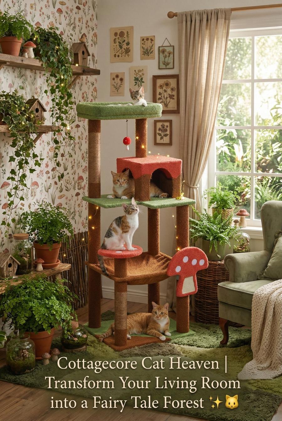 Cottagecore cat tree with string lights mushroom accents and cats on platforms