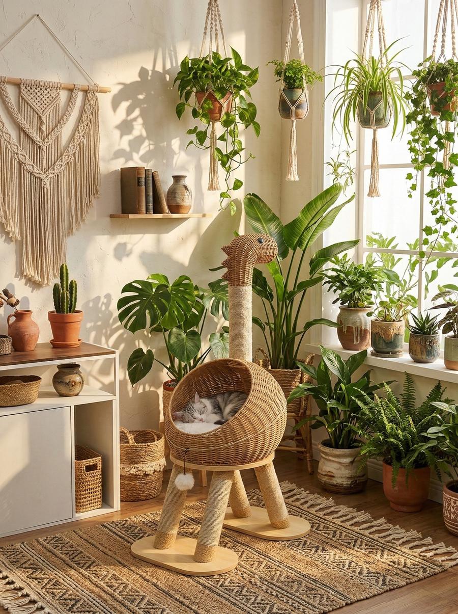 Wicker dinosaur shaped cat bed in boho plant-filled living room