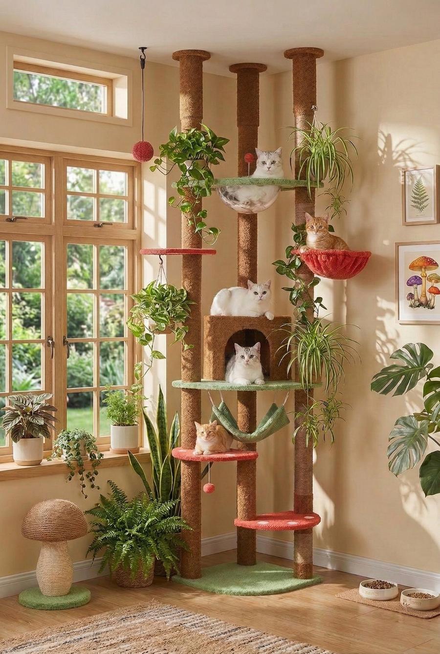Floor to ceiling cat tree with hammock and four cats on different levels