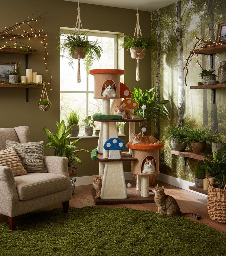 Cottagecore living room with mushroom forest cat tree surrounded by plants and warm spring light