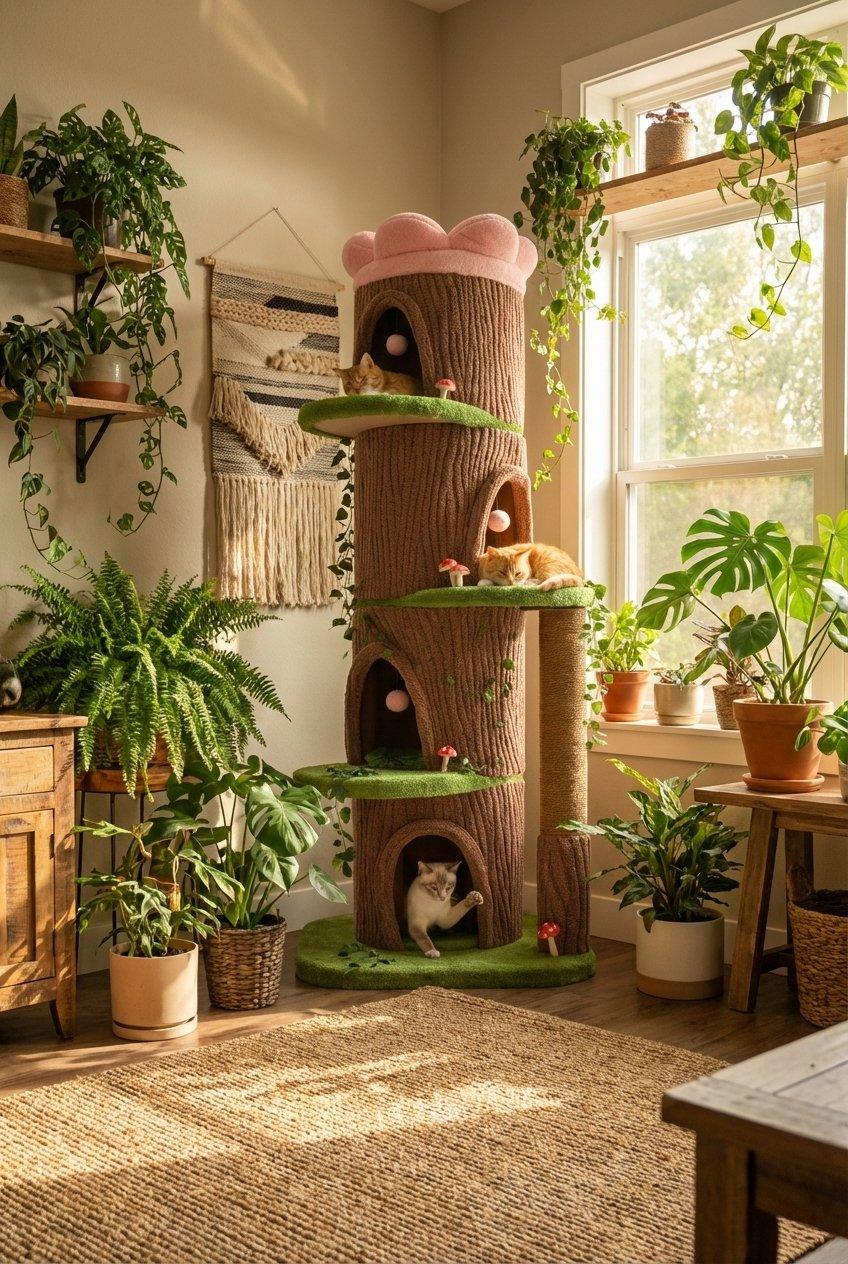 Tall tree trunk cat tower with green moss platforms and cats peeking out