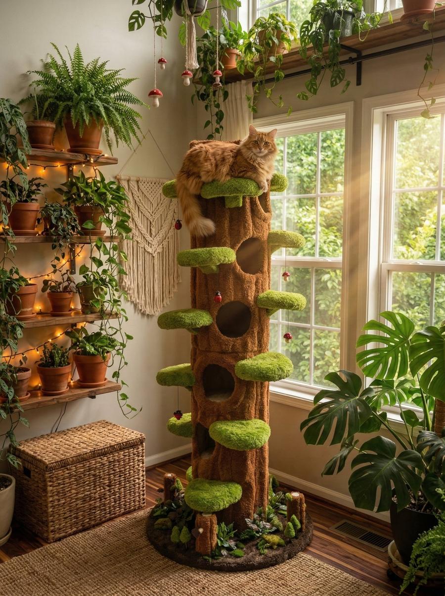 Towering moss-covered cat tree with orange long-haired cat at the top surrounded by plants and warm golden light