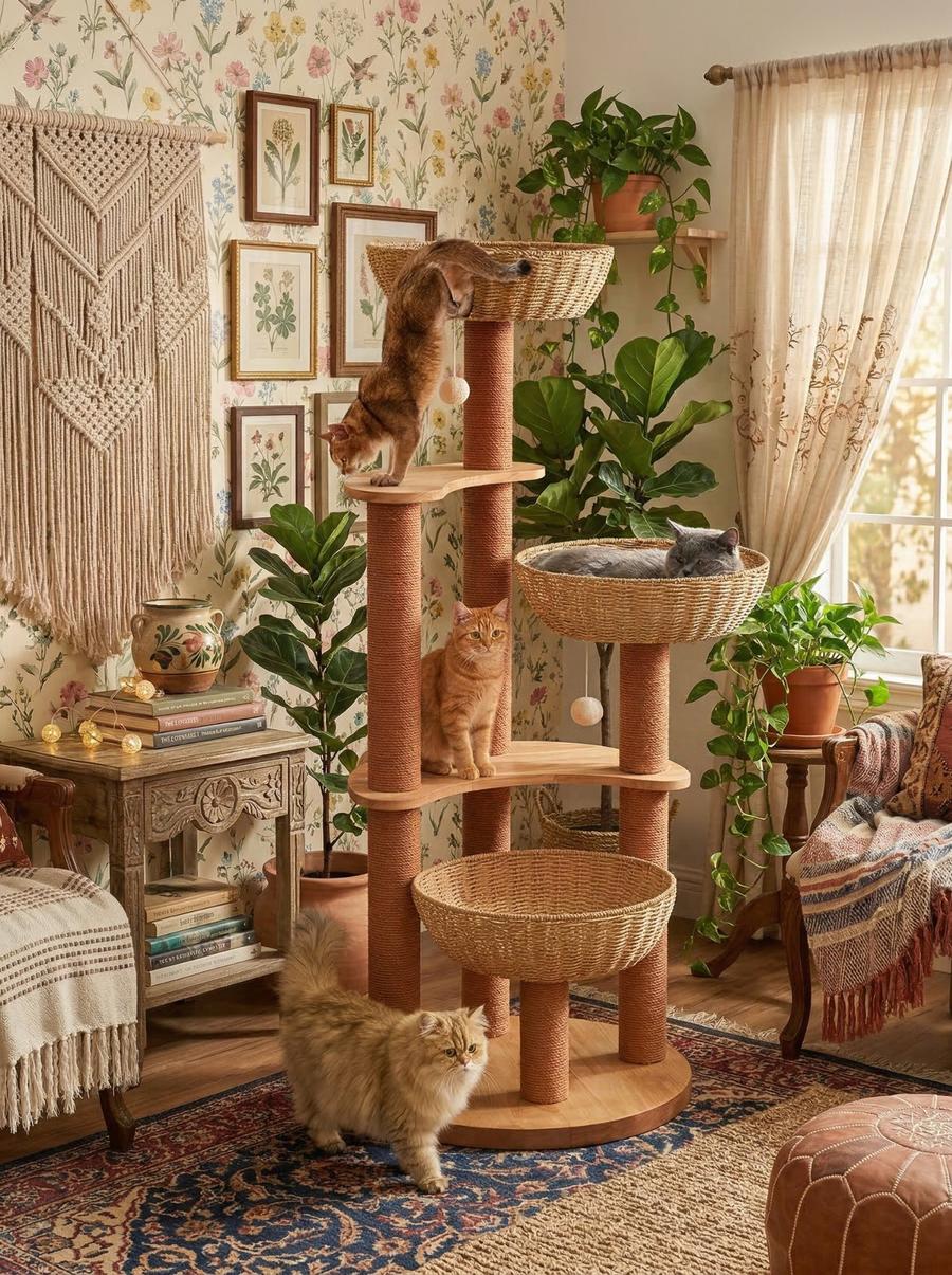 Boho living room with tall multi-level wicker basket cat tree and four cats, floral wallpaper and macrame