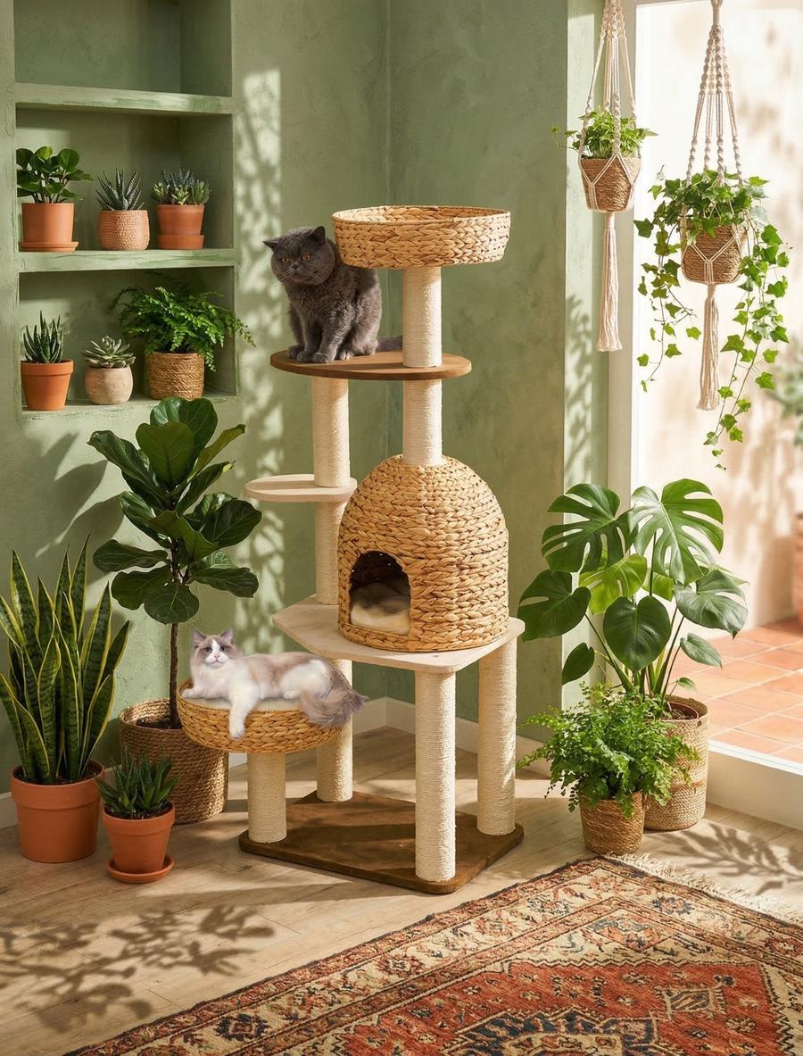 Natural wicker dome cat tree with two cats in sage green plant-filled boho room, monstera and fiddle leaf fig